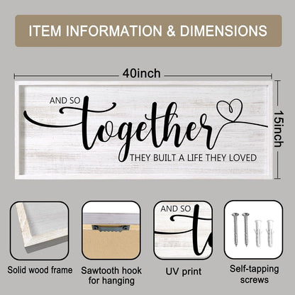 And So Together They Built A Life They Loved Decorative Rustic Sign & Plaque Framed Wall Art for Couples, 40''×15' Wooden Long Wall Decor Above Bed, Vintage Horizontal Farmhouse Wedding Gift