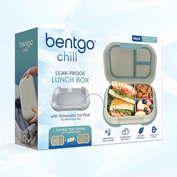 Bentgo Chill Max Leak-Proof XL Lunch Box - Included Ice Pack Keeps Food Cold; 5-Cup Capacity for Adults & Ages 8+, 3 or 4 Compartment Bento Box, BPA-Free, Dishwasher Safe (Bone & Glacier Blue)