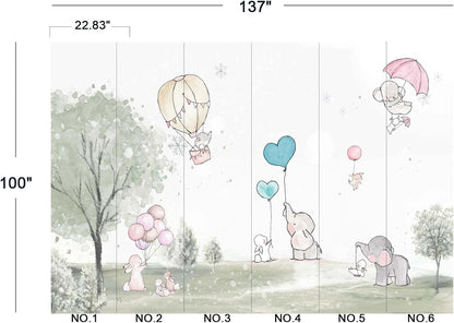 Cartoon Elephant Rabbit Balloon Nursery Wall Mural Wallpaper 137" x 100"