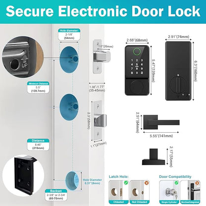 Smart Door Lock Set Keyless Entry Fingerprint Touchscreen Keypad APP IC Card Key Type-C Charging Unlocking with 2 Handles 6 in 1 Electric Biometric Digital Deadbolt for Front Doors Apartment