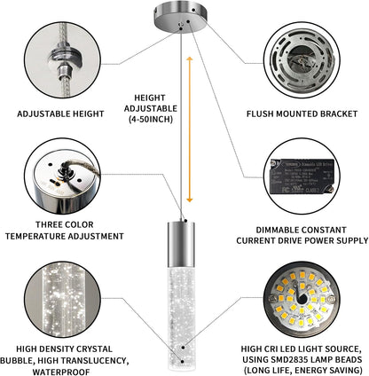 OKELI Modern Pendant Lights,3 Color LED Bubble Crystal Island Light Fixtures,Chrome Mini Pendant Lighting for Kitchen Island,Bar,6W,3000-6000K,ETL,3 Pack