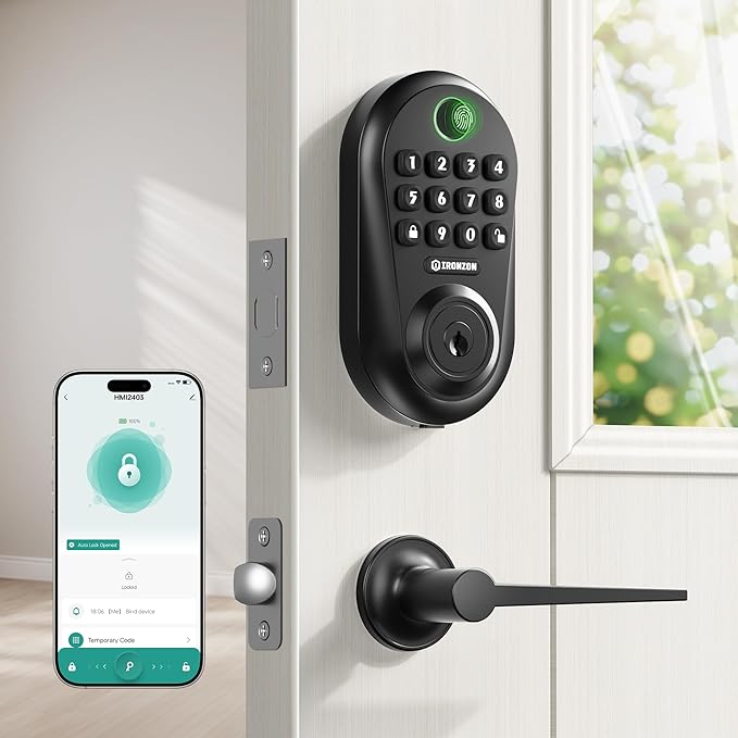 IRONZON Keyless Entry Door Lock Deadbolt with Handles Set Fingerprint Smart Door Lock with Keypad, Digital Auto-Locking Deadbolt, Electronic Entry Lock for Front Door Easy Installation