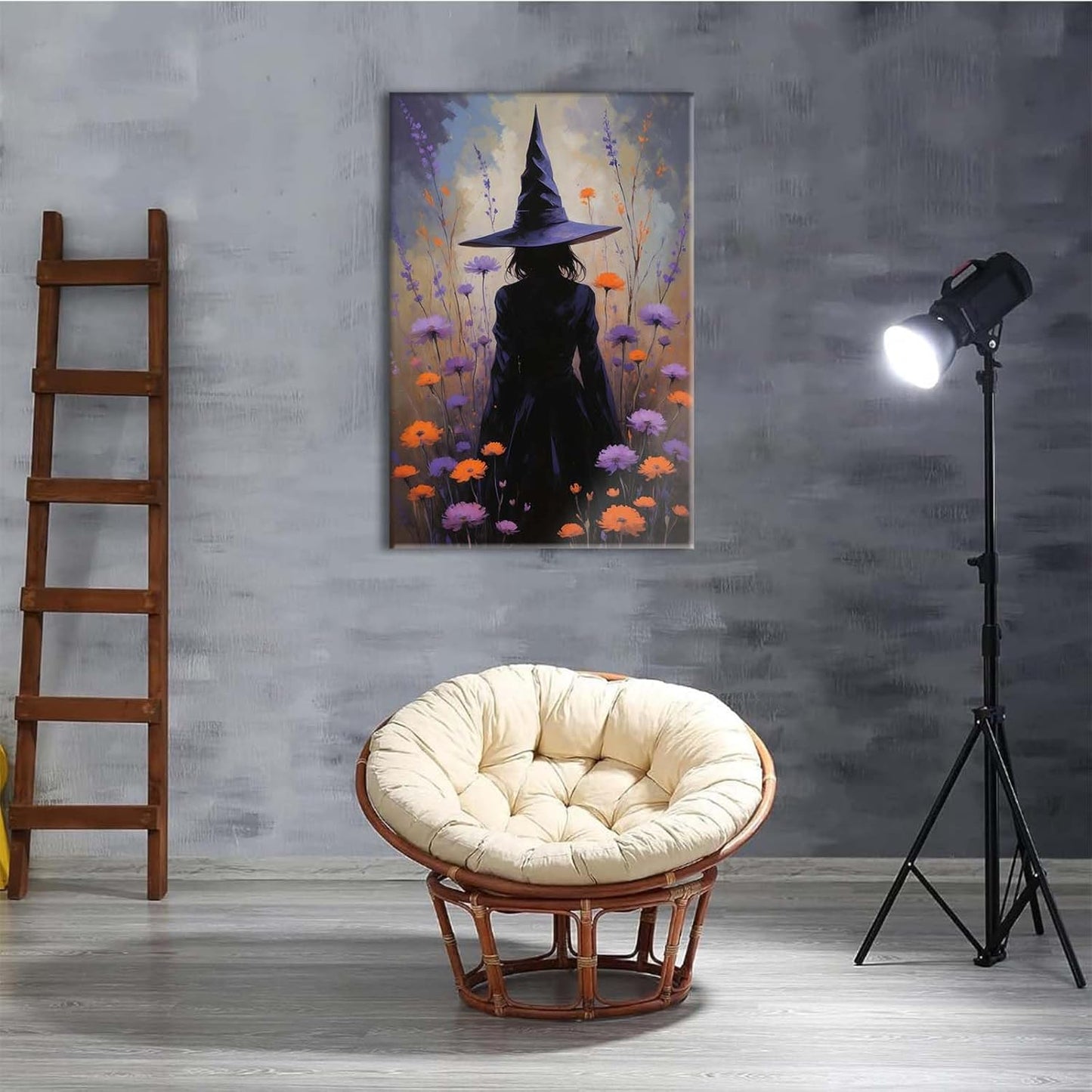 Country wildflower witch canvas print halloween mashup art witch purple decoration bohemian elegant art poster20x30in Wood Framed