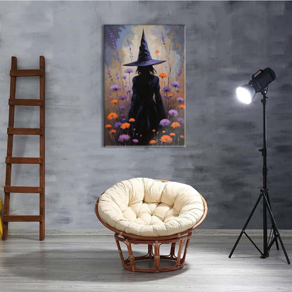 Country wildflower witch canvas print halloween mashup art witch purple decoration bohemian elegant art poster16x24in Wood Framed