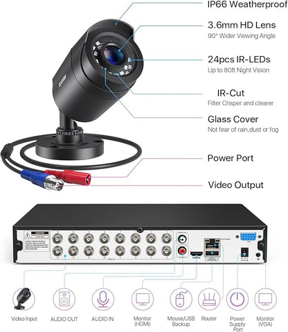 ZOSI 3K Lite 16CH Security Camera System with AI Human Vehicle Detection,Night Vision,8pcs Wired 1080P Outdoor Indoor Weatherproof Cameras,H.265+ 16 Channel CCTV DVR with 2TB HDD for 24/7 Recording