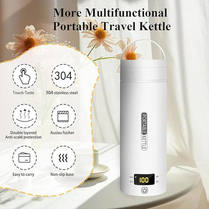 Electric Travel Kettle, Portable Kettle for Trave, Small Electric Tea Kettle, with 4 Variable Presets, Personal Hot Water Boiler, 450ML- 304 Stainless Steel (White）