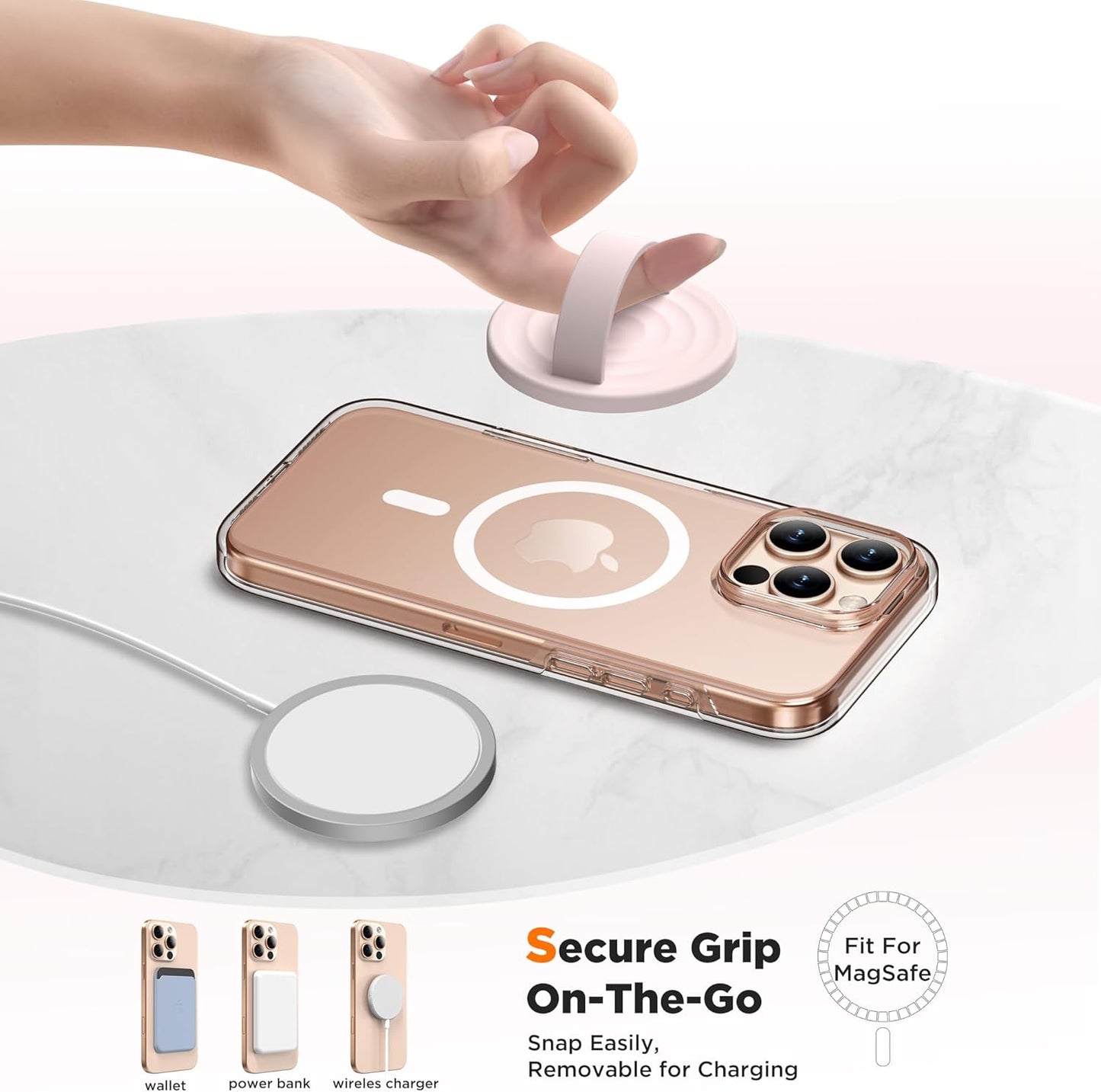 Magnetic Phone Ring Grip Holder, Silicone Finger Loop Grip, Compatible with MasSafe, Back of Phone for iPhone Pro Max/Plus/16/15/15/14/13/12 Series, Lovely Pink