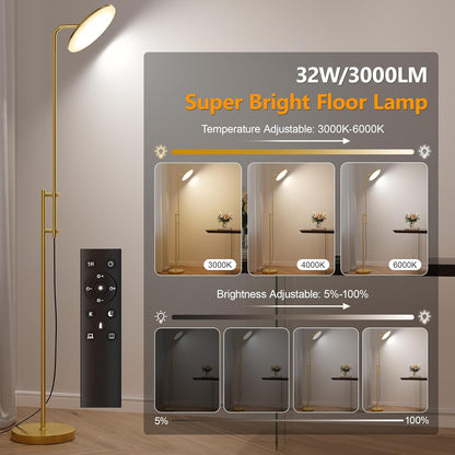 SUNMORY 32W/3000LM Floor Lamps, Super Bright LED Standing Lamp with Remote Control, Adjustable Tall Lamp with 350°Rotating Head, Modern Dimmable Torchiere Corner Lamp for Living Room, Bedroom, Office
