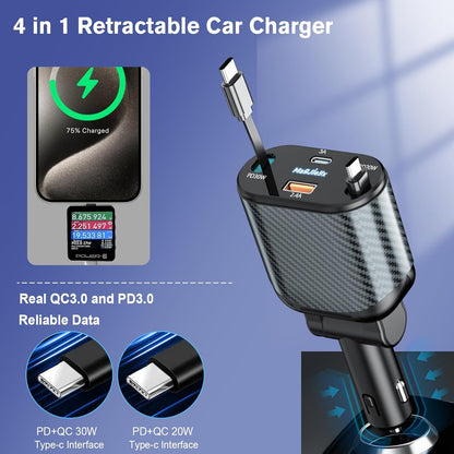 Retractable Car Charger for 4 in 1 Fast Charging Max 80W【ONLY 2 Type-C Charging Cable】 for iPhone16 15/Galaxy,USB-A/C Port for iPhone16/15/14/13/Pro Max Plus,iPad,AirPods,PD 3.0 Cord