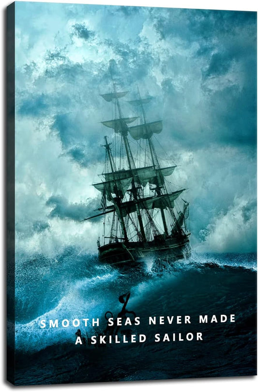 Inspirational Canvas Wall Art Smooth Seas Never Made A Skilled Sailor Motivational Poster Entrepreneur Quote Picture Home Office Decor Painting Framed and Stretched Ready to Hang [12''W x 18''H]