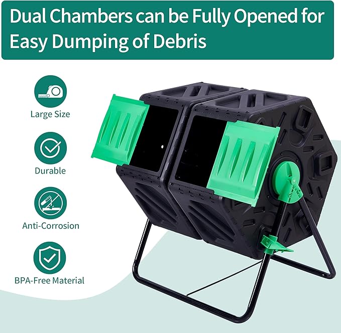 YITAHOME Large Outdoor Dual Chamber Compost Bin, 37 Gallon Rotating Composter Tumbling with 2 Sliding Doors and Aeration System, Garden Compost Tumbler (2x18.5 Gallon,Green)