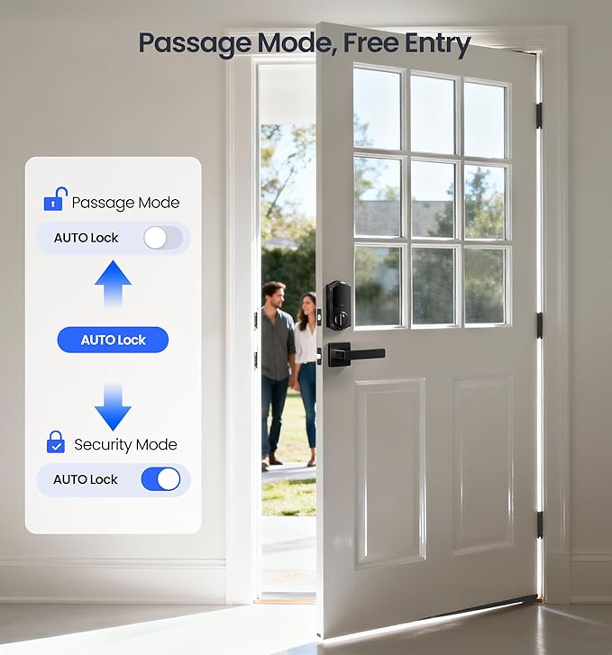 Veise VE017-B Fingerprint Smart Lock for Front Door, App Control, 8-in-1 Keyless Entry Deadbolt with 2 Zinc Alloy Lever Handles Set, Emergency Power Port, Auto Lock, Electronic Keypad, Black