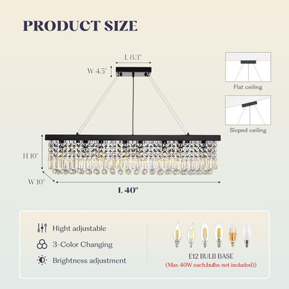 8 Light Modern Crystal Chandelier for Dining Room,Rectangular Rectangle Raindrop Crystal Light Fixture,Height Adjustable for Kitchen Island L40''xW10''xH10''