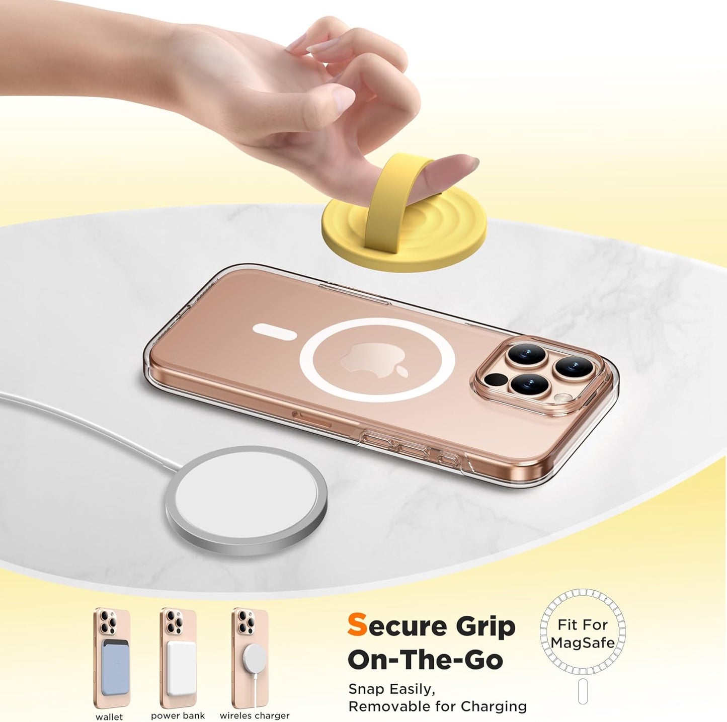 Magnetic Phone Ring Grip Holder, Silicone Finger Loop Grip, Compatible with MasSafe, Back of Phone for iPhone Pro Max/Plus/16/15/15/14/13/12 Series, Yellow