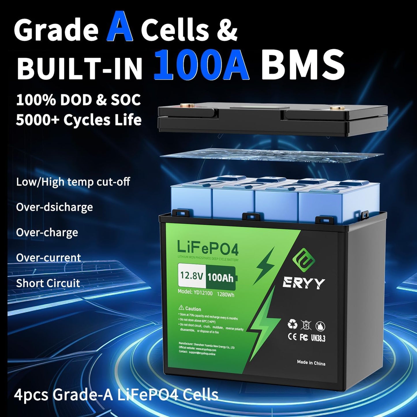 12V 100Ah LiFePO4 Battery, High Density 100Ah Lithium Battery 12v with 100A BMS, VoltMeter, 5000+ Rechargeable Deep Cycle Marine Battery for RV, Boat, Kayak, Trolling Motor, Golf Cart (Mini Size)