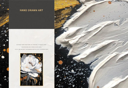 Framed White and Black Flower Wall Art for Study,Hand Painted Floral Oil Painting for Bedroom,Modern Textured 3D Artwork Office Kitchen Decor 28x40inch