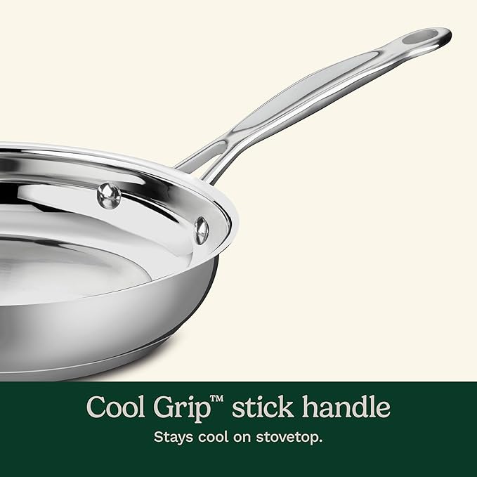 Cuisinart 10-Inch Open Skillet, Stainless Steel Skillet with Lid, Large Kitchen Pan, Dishwasher Safe, Compatible with Induction, Electric, Gas Cooktops, Oven Safe Saucepan, Cool Grip Handles