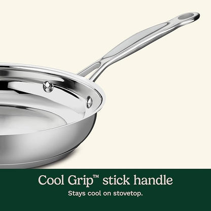 Cuisinart 10-Inch Open Skillet, Stainless Steel Skillet with Lid, Large Kitchen Pan, Dishwasher Safe, Compatible with Induction, Electric, Gas Cooktops, Oven Safe Saucepan, Cool Grip Handles