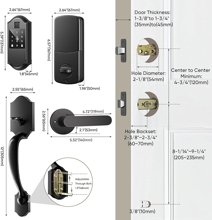 Smart Front Door Lock with Fingerprints, 2 Keys & 4 Cards, Front Door Lock Set Keyless Entry, Smart Locks for Front Door, Keypad Deadbolt with Handle, APP Control, Auto Lock, Matte Black