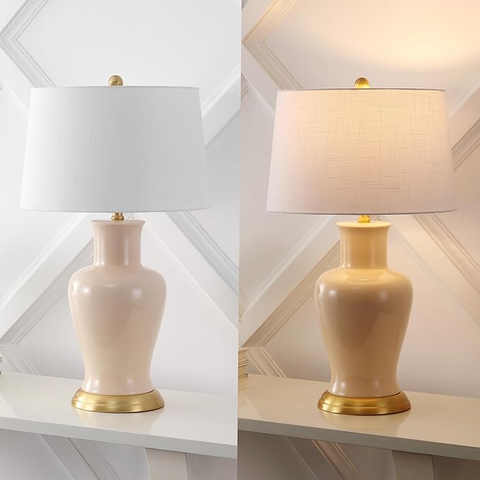 JONATHAN Y 29" Almond Traditional Ceramic Urn LED Table Lamp for Bedroom Decor, White Linen Drum Shade, Classic Nightstand Lamp for Living Room, LED Bulb Included (JYL4026D)