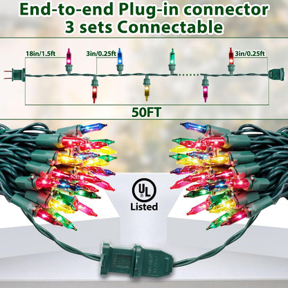 Multicolor Christmas Lights String 50FT 200 Count Incandescent Bulbs Mini Lights with Green Wire for Christmas Tree, Garland, Wedding, Party, Home, Indoor & Outdoor Festival Decoration