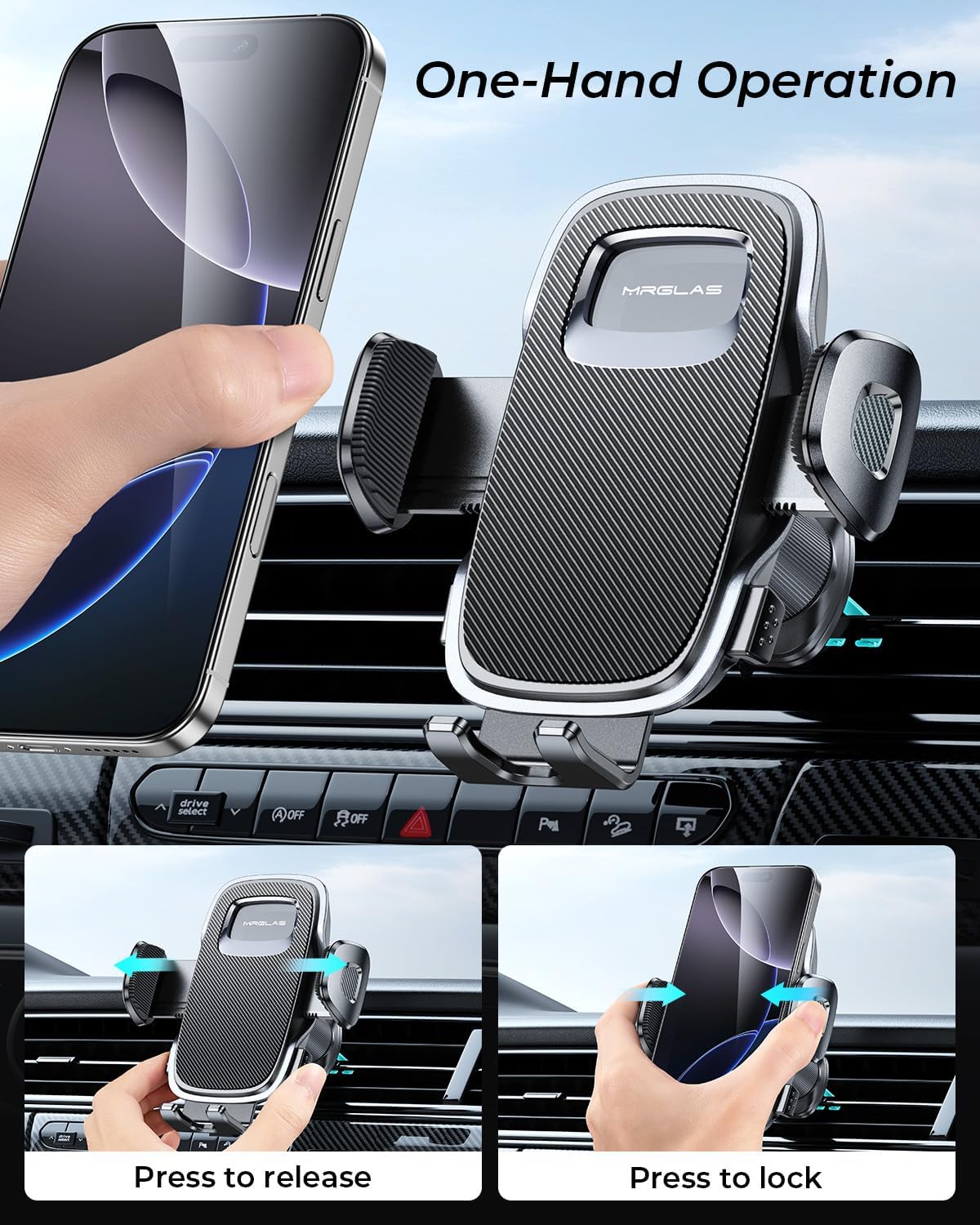 Phone Holders for Your Car with Double Metal Hook Clip, 【One-Hand Operation】 Air Vent Cell Phone Car Mount, Universal Automobile Cradle Fit for iPhone Android and All Smartphones, Dark Black