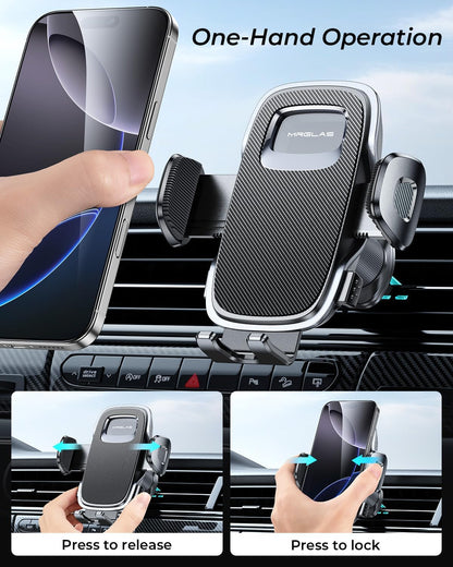Phone Holders for Your Car with Double Metal Hook Clip, 【One-Hand Operation】 Air Vent Cell Phone Car Mount, Universal Automobile Cradle Fit for iPhone Android and All Smartphones, Dark Black