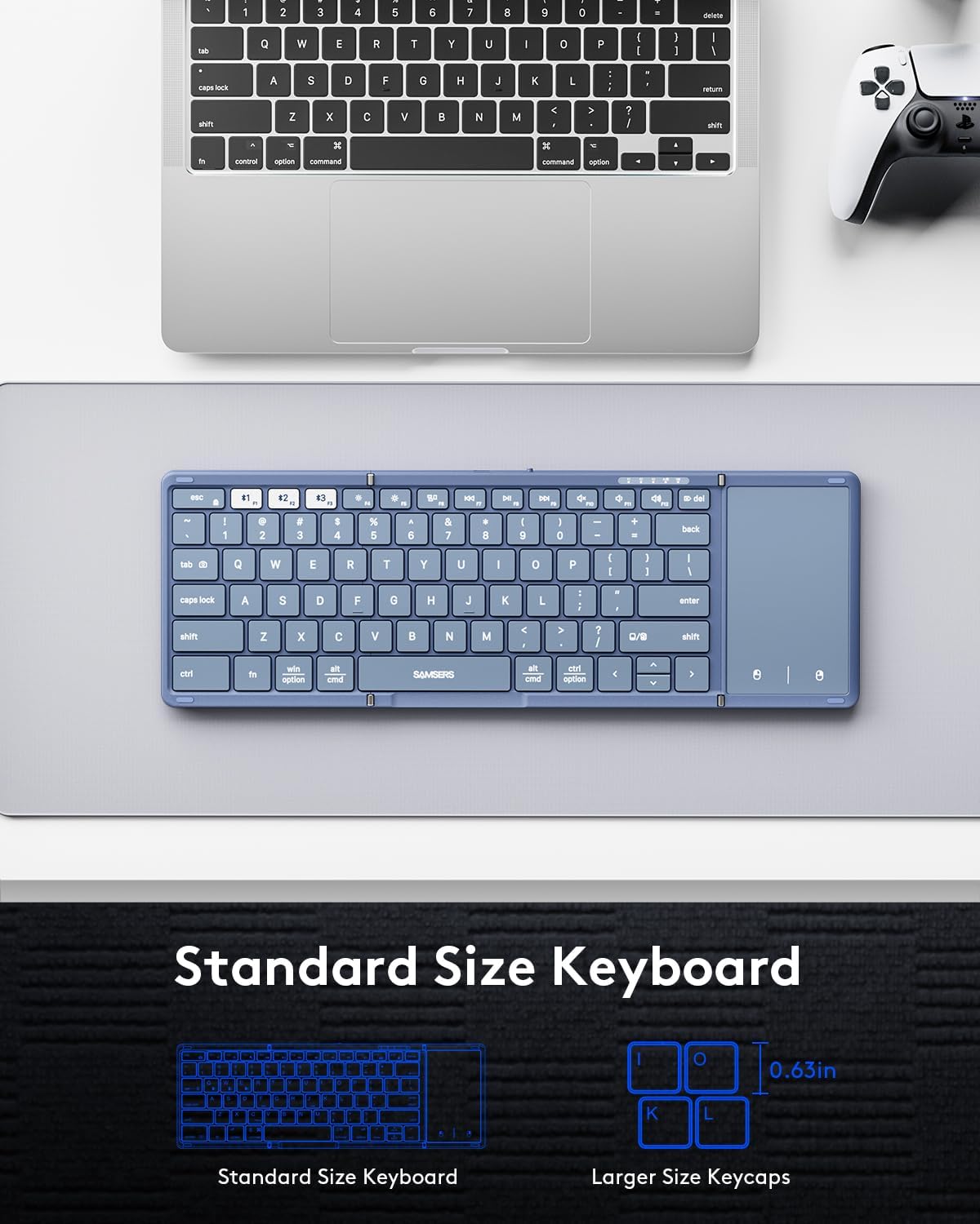 Samsers Foldable Bluetooth Keyboard with Touchpad, Full-Size Wireless Folding Keyboard with PU Leather, Portable Travel Keyboards for iOS Android Windows Mac OS, Support 3 Devices (BT5.1 x 3), Blue