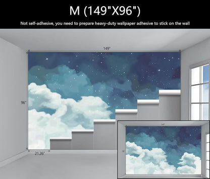WFBHUA-Vintage Cloud Wallpaper Hand Painted Blue and White Clouds Stars Kids Wall Murals Decor for Bedroom Room(Not Peel and Stick)