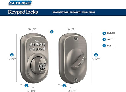Schlage BE365 V PLY 609 Plymouth Keypad Deadbolt, Electronic Keyless Entry Lock, Antique Brass