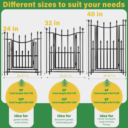 10 Panels No Dig Decorative Garden Fence with Gate, 32in(H) × 22ft(L) Heavy-Duty Rustproof Metal Panels, Outdoor Dog Barrier for Yard & Patio, Landscape, Border| Portable Temporary Fencing