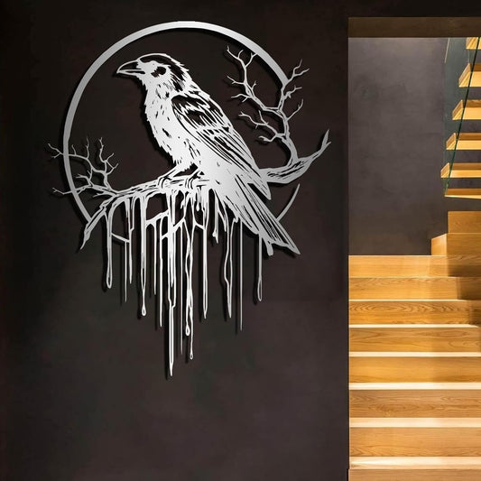 Crow Metal Wall Decor, Raven Wall Art, Large Gothic Raven Decor Hangings, Bird Wall Decor, Metal Tree Branch Decor, Ravens Sign, Raven Art for Living Room (Silver, 28"x22" |70x56cm, metal wall art)