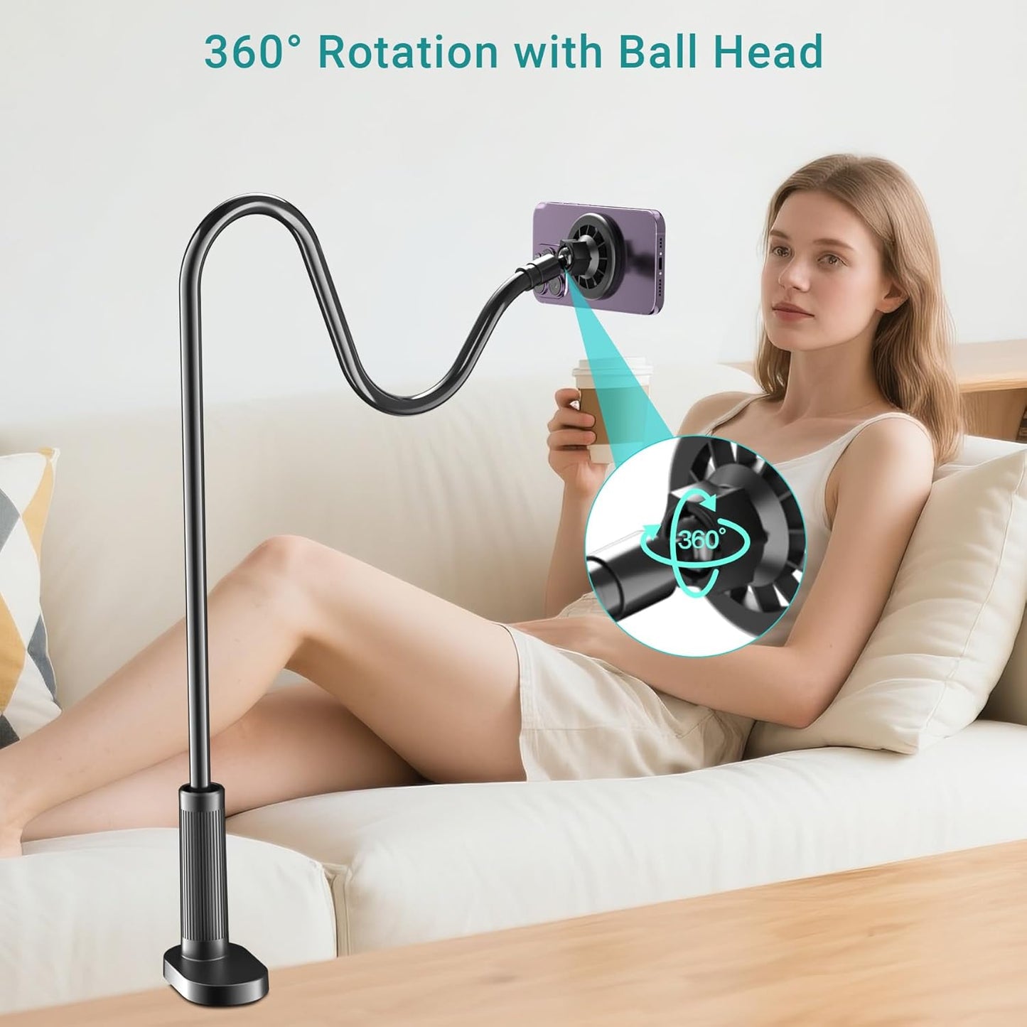 Gooseneck Phone Holder for Bed, Magnetic Cell Phone Stand for iPhone 16 15 14 13 12 Pro Max Plus Mini, Flexible Long Arm Mount 360 Adjustable for Desk Bedside Filming