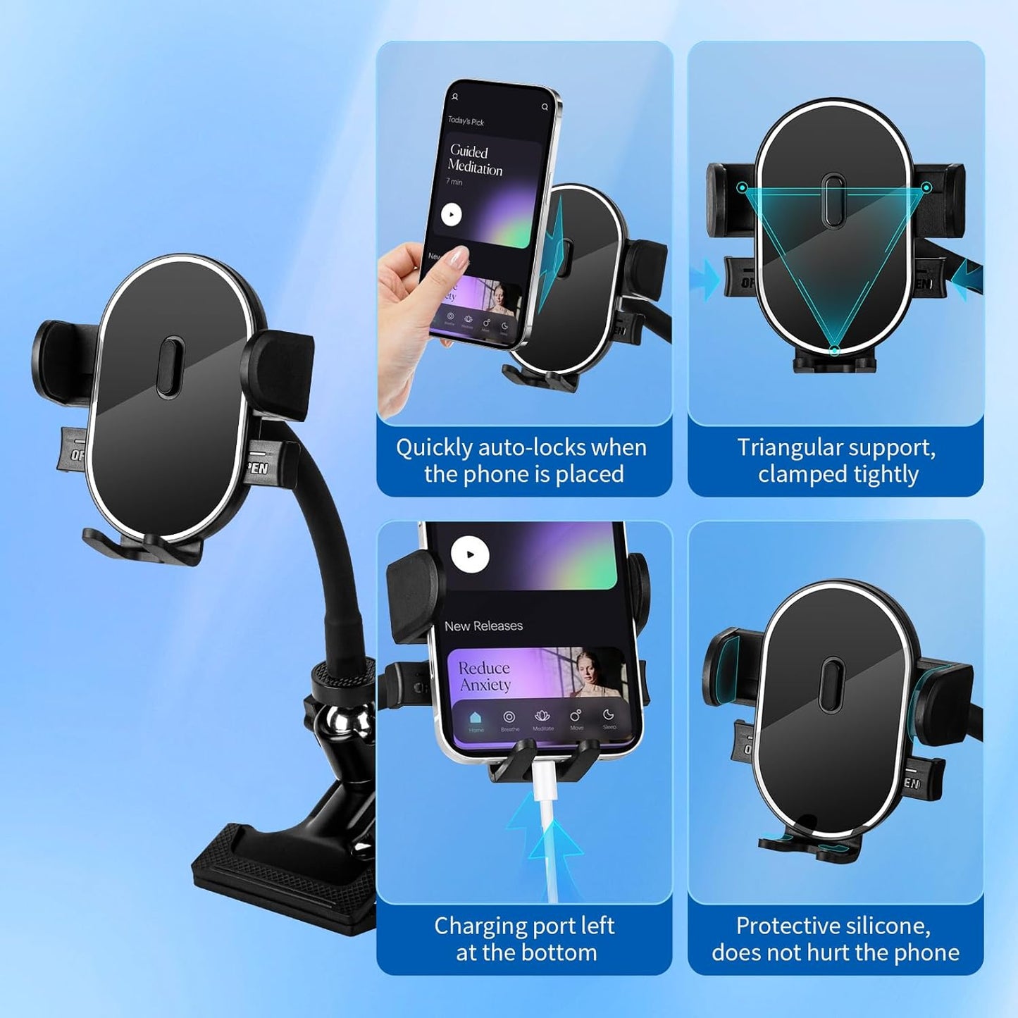 ROCKFREE Clip Phone Holder with 360° Gooseneck Arm & Auto-Locking Clamp,Short/Medium/Long Arm Options for Desk, Mic Stand, Table,Treadmill – Fits 4-7" Smartphones(Medium-5.9 inch Arm)