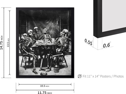 Poster Master Vintage Photograph Poster - Retro Daguerreotype Print - Gift for Artist, Friend - Skeletons Smoking at Table, Dinner Party, Goth - Wall Decor for Home, Dorm, 11x14 Black Framed