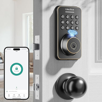 Fingerprint Keypad Deadbolt with Handle Set, Keyless Entry Door Lock, Door Locks for Front Door Lock Set, App Control, Auto Locking, Easy to Install, Oil Rubbed Bronze