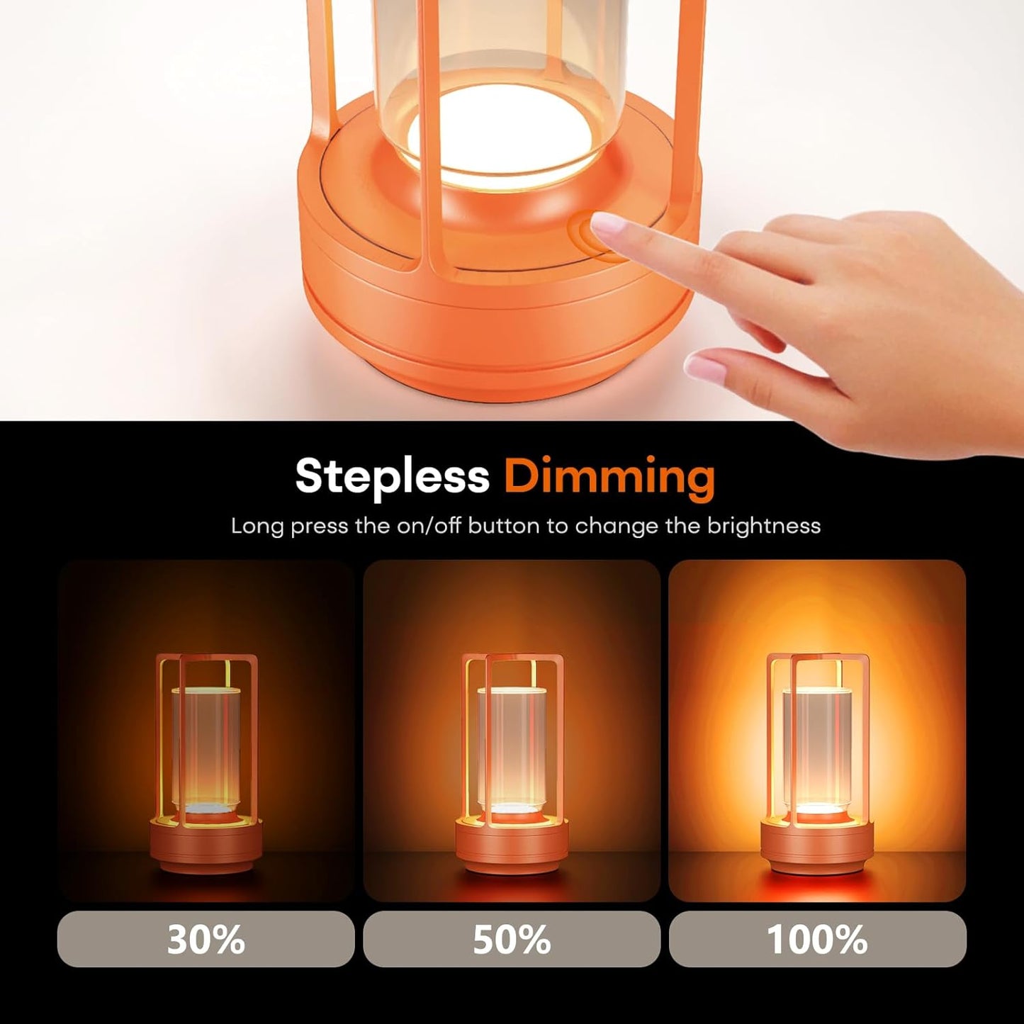 Portable Metal Table Lamp for Indoor/Outdoor ,Rechargeable Cordless LED Lamp, 3-Colour Infinitely Dimming Battery Powered Small Desk Lamp, Restaurant/Bedroom/Bar/Coffee/Camping Light (Orange set of 2)