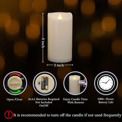 Flickering Flameless Candles with Remote and Timers, Waterproof Outdoor Indoor Battery Operated LED Pillar Candles for Home Wedding Decor, Ivory Plastic, D3 X H6, 1 Pack