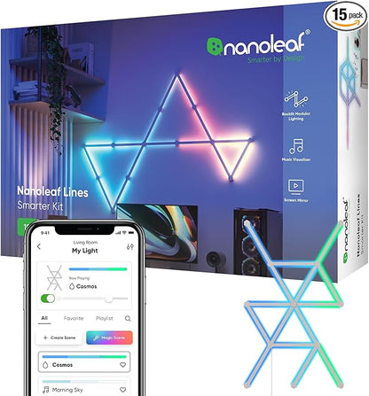Nanoleaf Lines Smart LED Wall Lights, Music & Screen Sync RGBW Light Bar with 16M+ Color, WiFi Wall Lights Work with Alexa & Google Assistant for Gaming and Home Decor, 60 Degree Smarter Kit 15 Lines