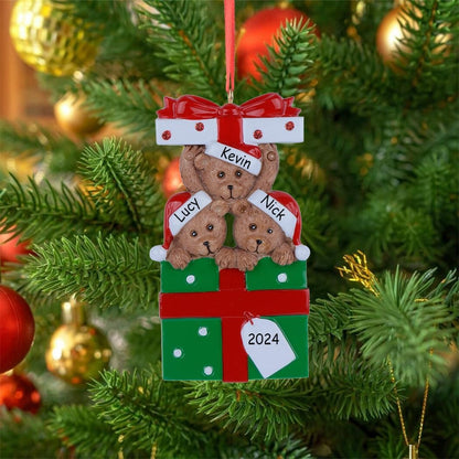 Personalized Bear Family Christmas Ornament 2024, Family of 3 Bear with Gift Box Ornaments for Christmas Tree, Personalized Bear Christmas Ornament, Unique Handmade Teddy Bear Christmas Ornament