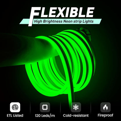 GZBtech Flexible LED Neon Rope Lights 50FT,AC 110-120V Waterproof Strip Light, 120 LEDs/M Cuttable Connectable Neon Lighting for Indoor Outdoor Home Decor/Commercial Building Use-Green 15M