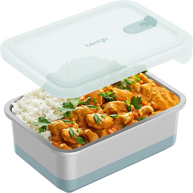 Bentgo MicroSteel Heat & Eat Container – Microwave-Safe, Leak-Proof & Airtight, Easy-to-Clean Lightweight Stainless Steel Reusable Food Storage with Silicone Lid (Family Size; 8.5-Cup Capacity; Aqua)