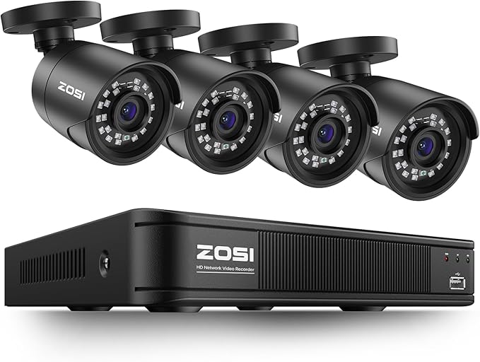 ZOSI 8CH 5MP 3K Lite Surveillance Wired Security Camera System with AI Human Vehicle Detection, 8 Channel H.265+ DVR and 4 x 1080p Bullet Camera Outdoor, 100ft Night Vision, IP66(No HDD Included)