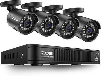 ZOSI 8CH 5MP 3K Lite Surveillance Wired Security Camera System with AI Human Vehicle Detection, 8 Channel H.265+ DVR and 4 x 1080p Bullet Camera Outdoor, 100ft Night Vision, IP66(No HDD Included)