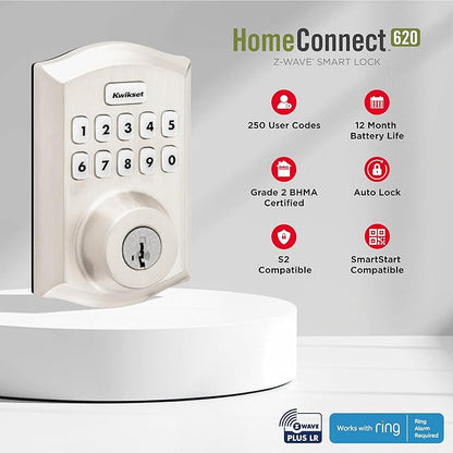 Kwikset HomeConnect 620 Z-Wave Long Range Enabled Keypad Smart Lock Convenient Keyless Entry, Customizable User Codes, Ring Alarm Compatible, Hub Required, Sold Separately Polished Brass Traditional