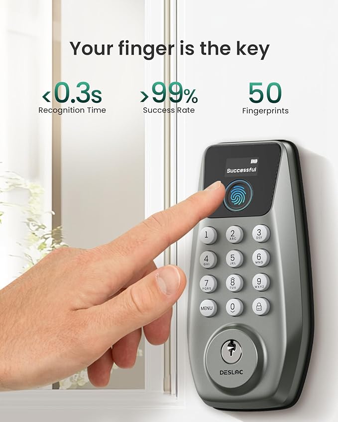 DESLOC C110 Smart Lock with LockVue Display, 3-in-1 Keyless Entry Door Lock with Fingerprint, Passcode & Key, BHMA Certified Deadbolt, Auto Lock, 12-Month Battery for Home, Apartment & Airbnb, Nickel