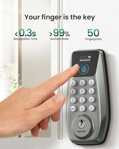 DESLOC C110 Smart Lock with LockVue Display, 3-in-1 Keyless Entry Door Lock with Fingerprint, Passcode & Key, BHMA Certified Deadbolt, Auto Lock, 12-Month Battery for Home, Apartment & Airbnb, Nickel