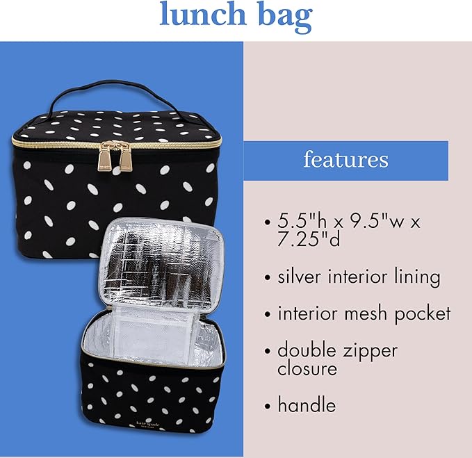 kate spade new york Insulated Lunch Tote, Small Lunch Cooler, Cute Lunch Bag for Women, Thermal Bag with Double Zipper Close and Carrying Handle (Almond Dot)