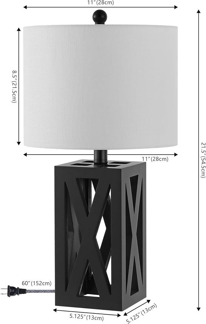 JONATHAN Y 21.5" Black Farmhouse Wood Table Lamp for Bedside and Living Room, White Linen Drum Shade, Rustic Modern Desk Lamp for Bedroom, LED Bulb Included (JYL1062C-SET2)