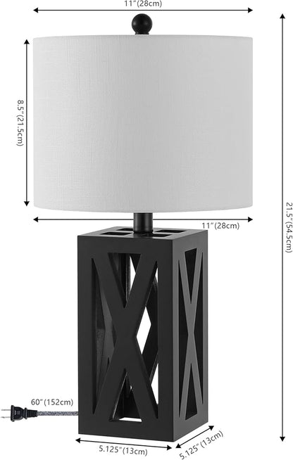 JONATHAN Y 21.5" Black Farmhouse Wood Table Lamp for Bedside and Living Room, White Linen Drum Shade, Rustic Modern Desk Lamp for Bedroom, LED Bulb Included (JYL1062C-SET2)